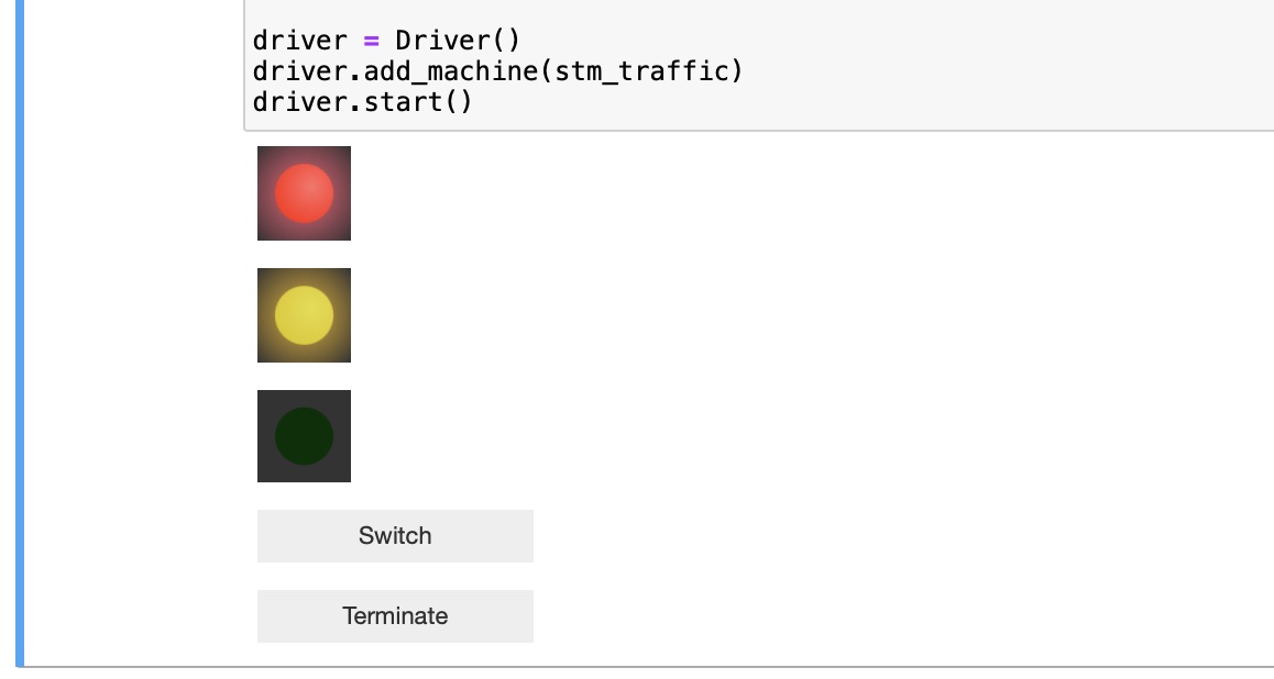 A simple user interface representing the traffic light in the output of a cell in a Jupyter notebook.